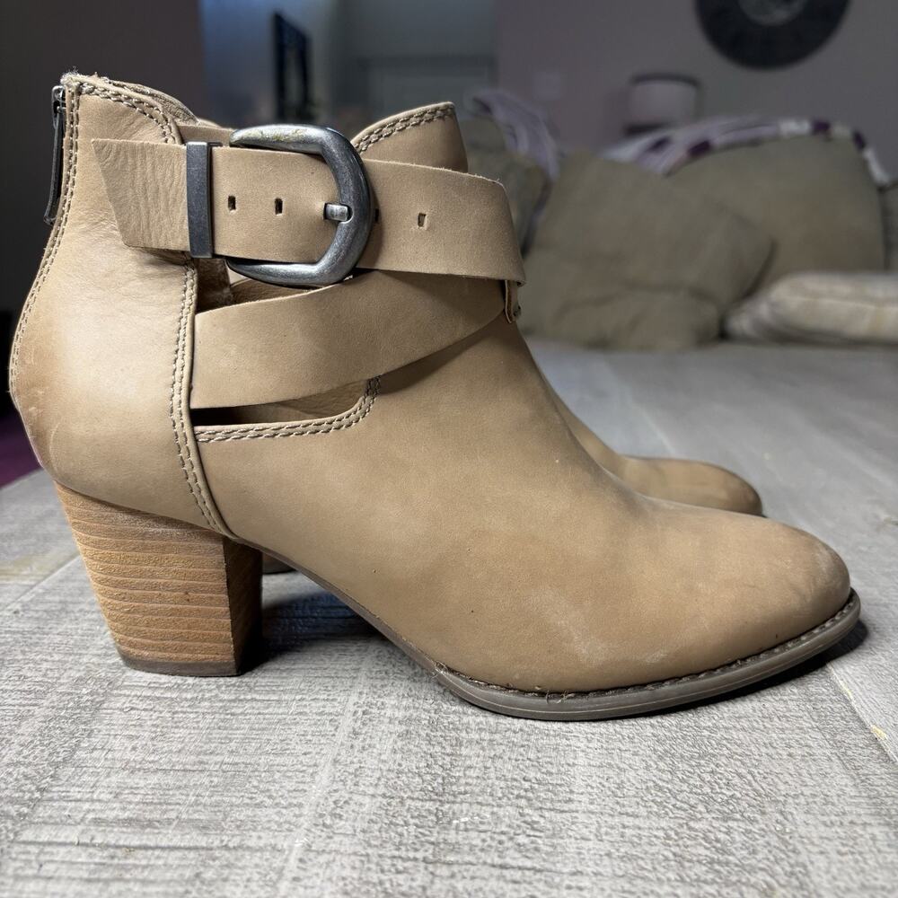 Vionic Upright Rory Women’s Leather Ankle Boots Back Zip Heeled Beige Size 8